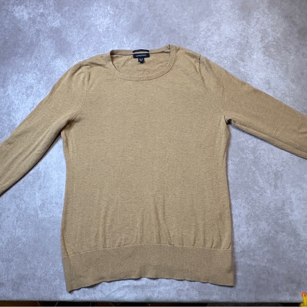 Land's End Women's Supima Cotton Tan Button Sleeve Lightweight Knit Sweater M